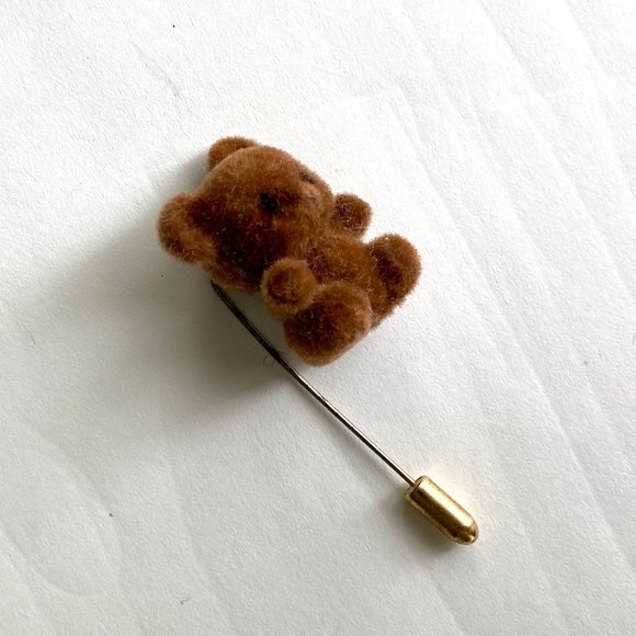 Vintage 1980s Fuzzy Teddy Bear Stick Pin Brooch - Picture 1 of 8